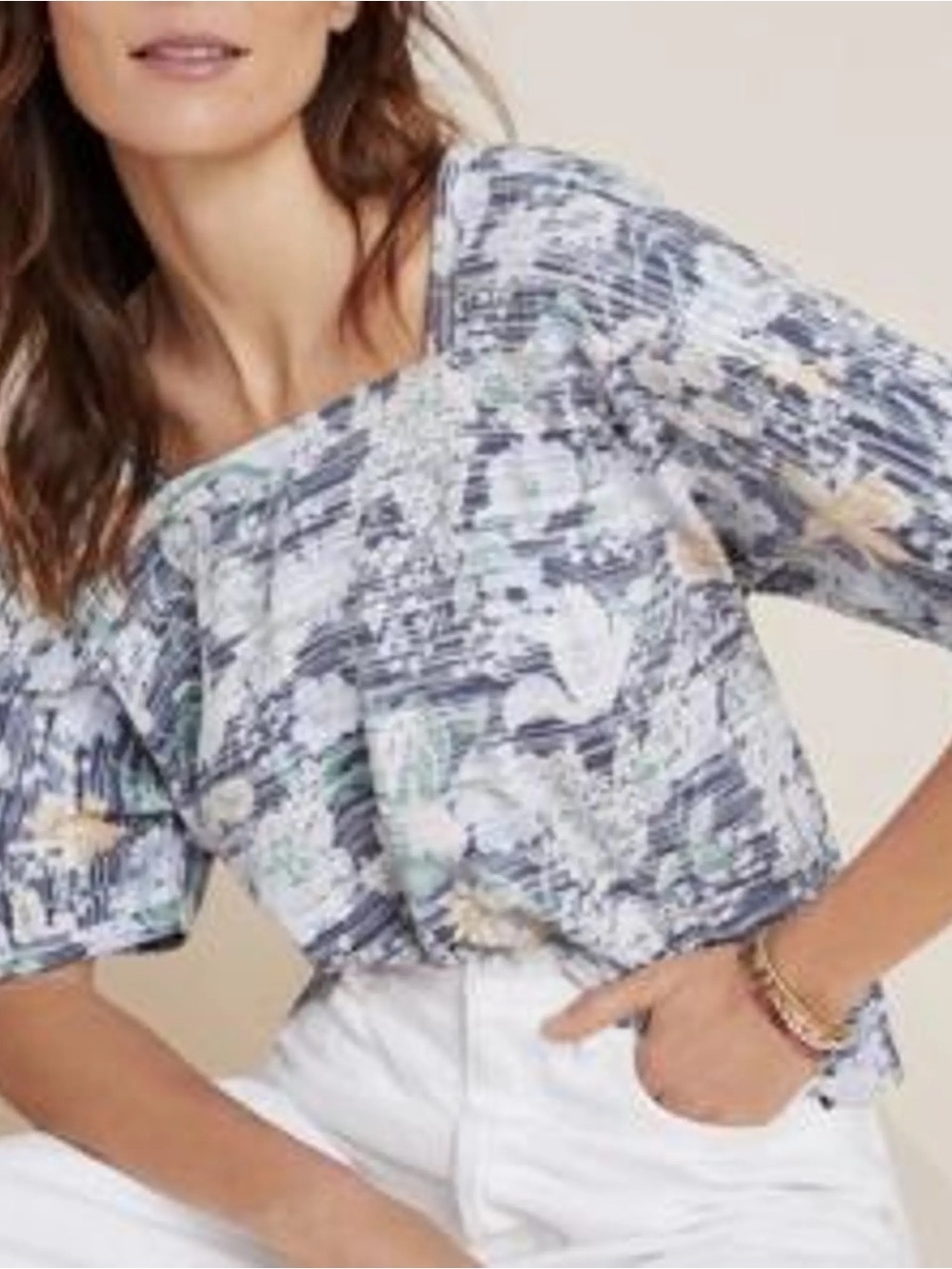 Anthropologie Blue, White & Pale Green Printed Off-Shoulder Top